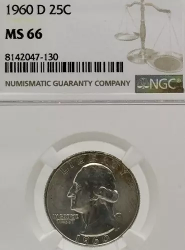 1960-D NGC MS66 Washington Silver Quarter 25c - Lustrous #1450