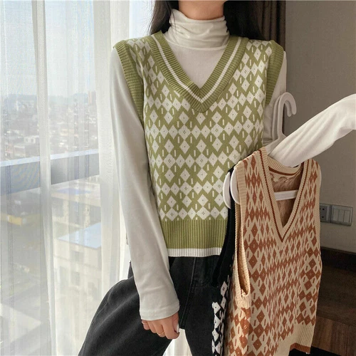 Dama Chaleco Tejido Camisetas sin Mangas Suéter Chaleco Sin Mangas Cuello en V Geométrico Informal - Imagen 11 de 19
