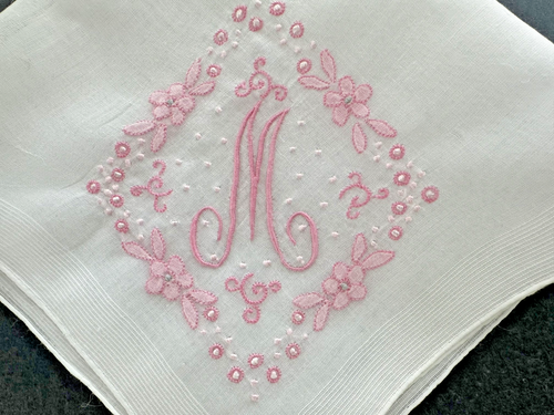 A+ Vintage Hankie White Madeira Style Hand Embroidered Pink Monogram M Wedding
