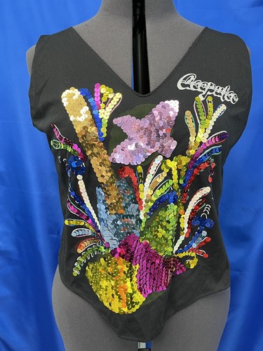 Women's Vintage 80's Sequin Dance Club T-Shirt M-L Black Knit Fame Flashdance - Picture 8 of 8