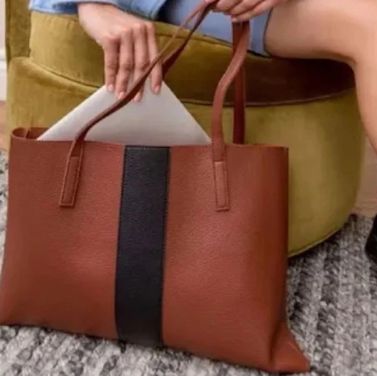 NEW Vince Camuto LUCK Brown & Black Pebbled Vegan Leather Tote Bag Business - Image 3 of 4