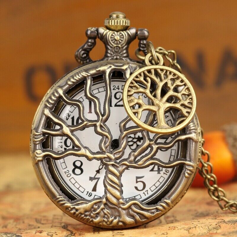 Bronze Tree/Shell Unisex Analog Quartz Pocket Watch Necklace Chain Gift