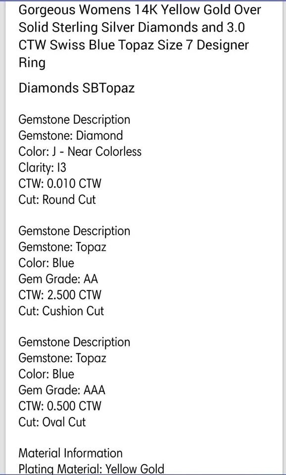 Anel de topázio azul suíço 3 CTW ouro 14k sobre prata esterlina 925 tamanho 7 - Imagem 2 de 2