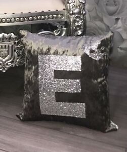 Initial Cushion With Crown Any Colour Crushed Velvet 3D Glitter Black And Silver