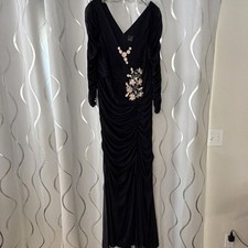 Adrianna Papell Navy Chiffon V-Neck Long Sleeve Ruched Maxi Dress Beaded 13/14