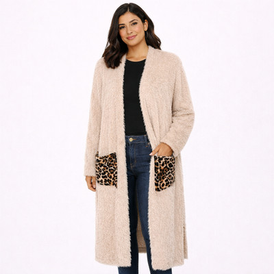 Honeyme Curvy Taupe Fuzzy Eyelash Leopard Pocket Duster Sz XXXL RARE Cozy Gift
