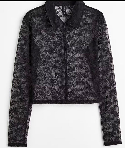 Divided H&M Black Floral Lace Short Crop Shirt Button Front Long Sleeve L