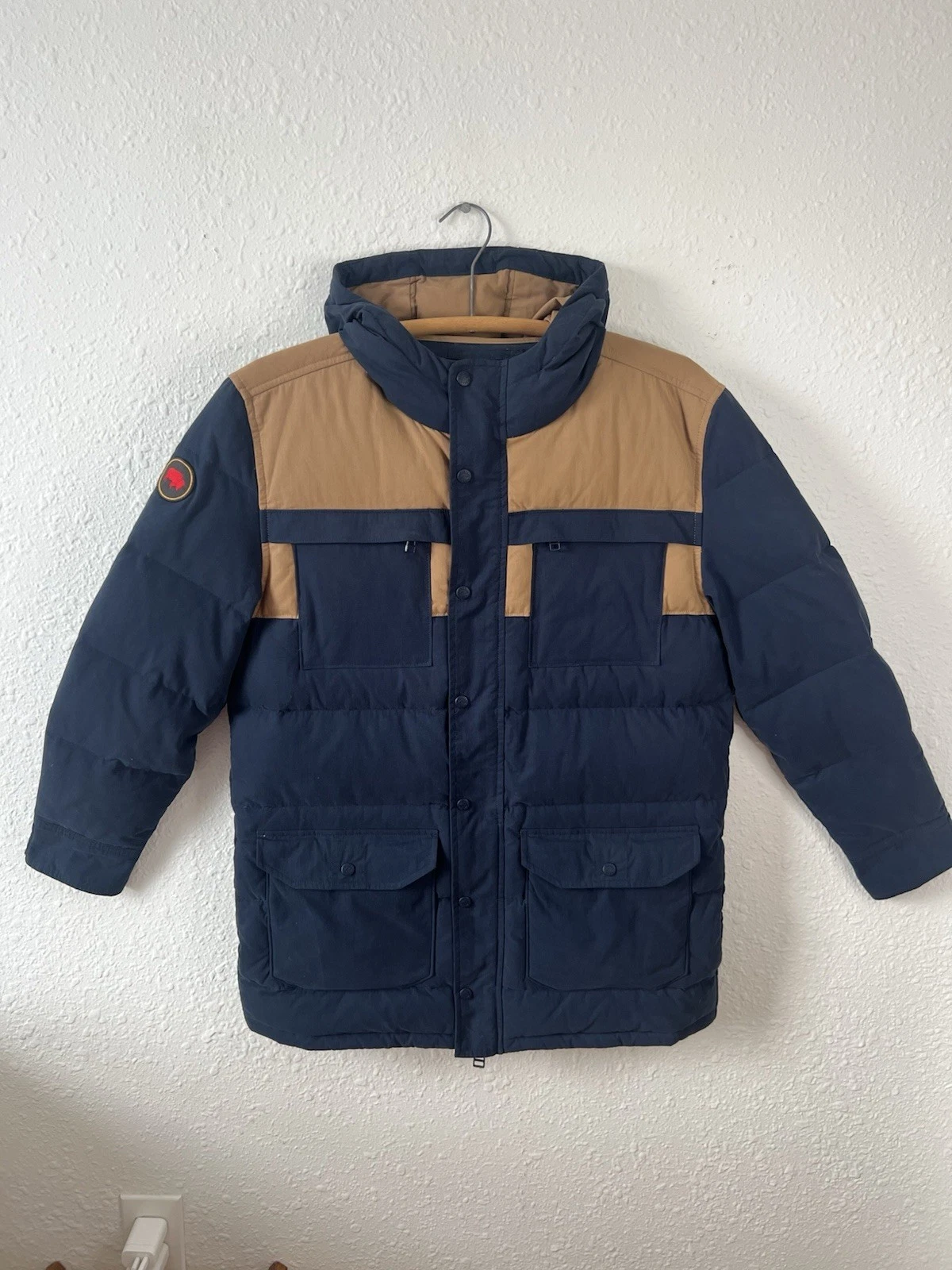 Mountain Khakis Men’s Down Parka Jacket Navy Tan Hooded Medium 90% Down