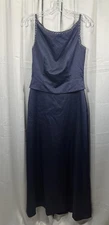 Belsoie Dress Womens 10 Navy Beaded Spaghetti Strap Formal Gown Satin Evening