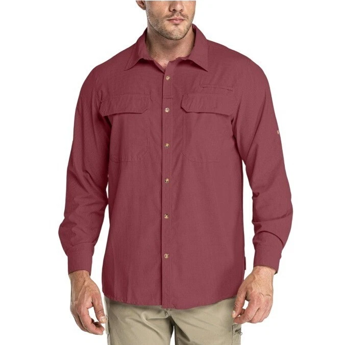 33,000ft Mens Medium Long Sleeve Wine Red Fishing Shirt Button Up Outdoor Hiking