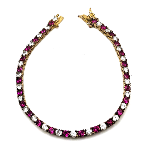 Synthetic Ruby and CZ TENNIS BRACELET Gold Tone Double Latch - 7 1/2" - Picture 2 of 5