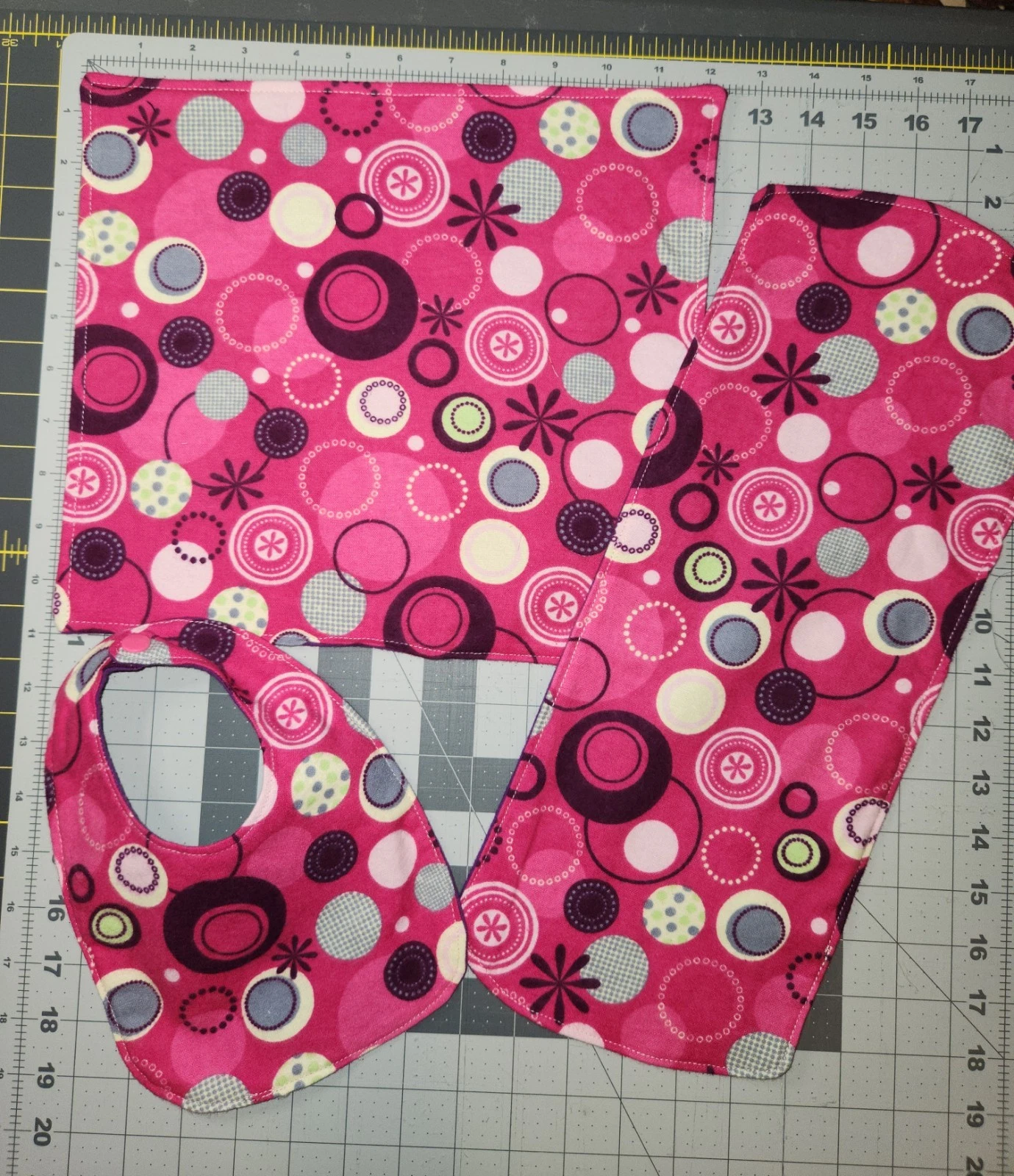 Baby Burp Cloth, Bib, and Lovey Set. Handmade. Bright Circles Pink