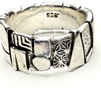 Vintage Signed Studio Artisan Sterling Silver Patchwork Brutalist Ring Band 925