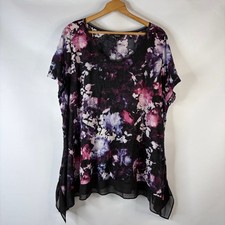 Simply Vera Vera Wang Womens Tunic Top Size 3X Black Floral Sheer Short Sleeve