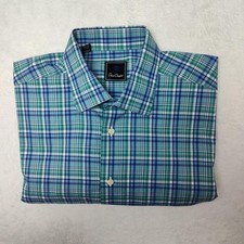 David Donahue Shirt Mens 17 34/35 Blue Green Plaid Dress Long Sleeve Cotton