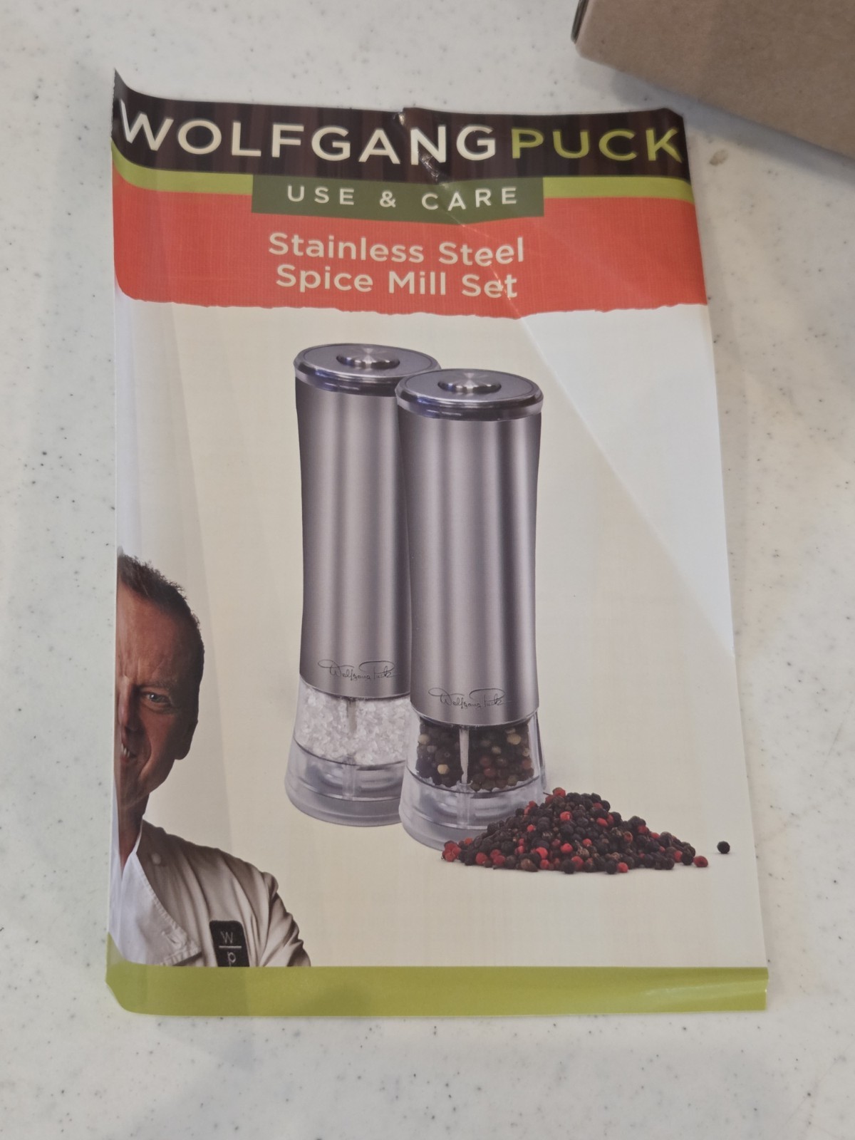 NEW Wolfgang Puck Battery Operated Spice Mills Set Stainless Pepper Salt 