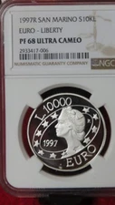 1997 SAN MARINO Italy EUROPA MILLENNIUM Old Euro Silver 10000 Lire Coin NGC PF68