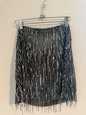 ZARA Black Silver Sequin Fringe Mesh Short Straight Pencil Skirt Zip Size M