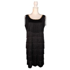 Vintage 80s Flapper Dress M Black Fringe Party Costume Theater Great Gatsby