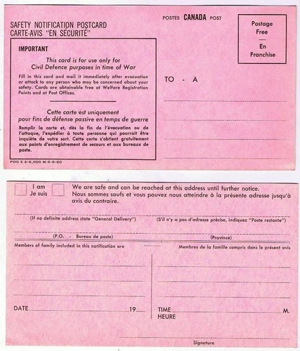 Nuclear War 1960 Civil Defence Safety Notification Post Card English French
