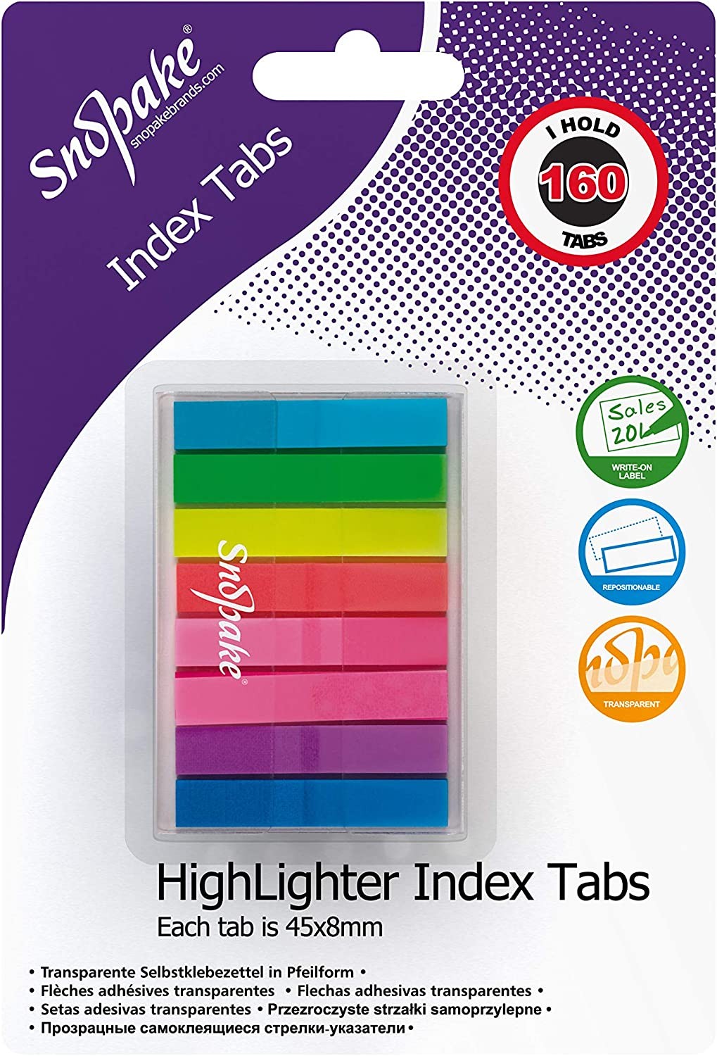 Snopake Highlighter Index Tabs Transparent 45 x 8 mm - 160 Tabs - Neon Assorted