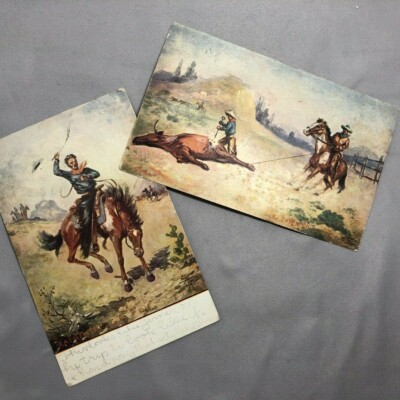 c 1910 COWBOY Branding BRONCO Busting R A DAVEPORT Artist Postcard ANTIQUE West