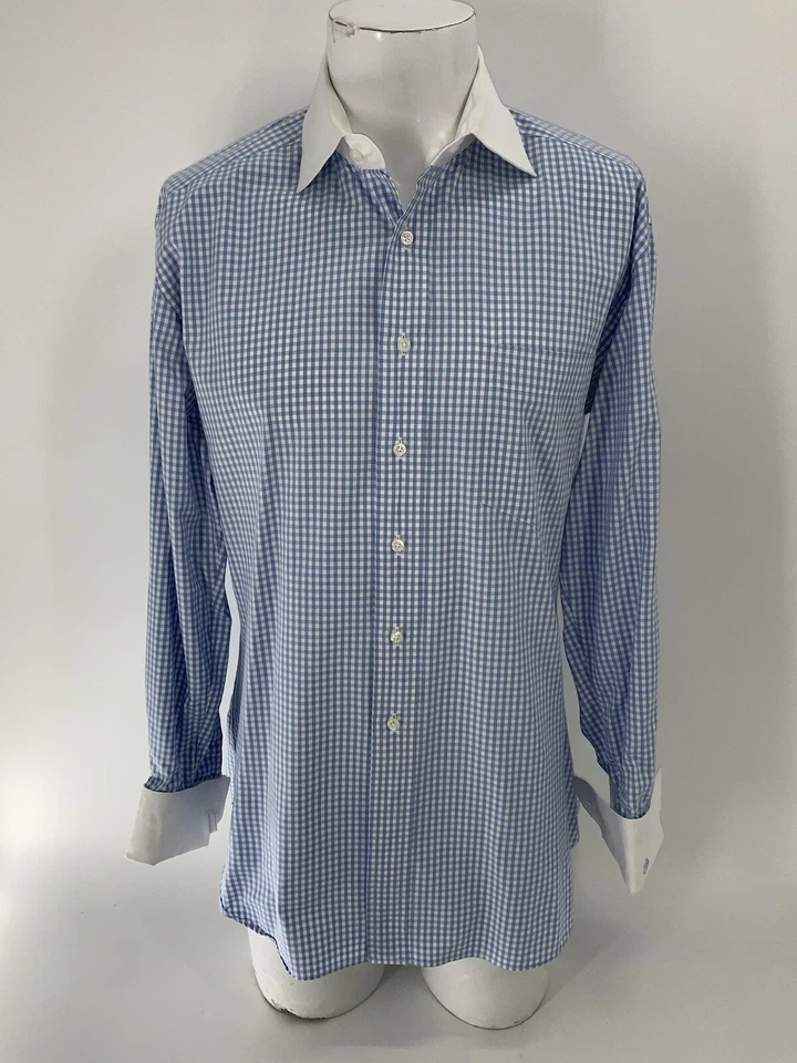 Savile Row French Cuff Dress Shirt 15.5 33 Blue Check Cotton USA YGI X4-92 - Image 2 of 4