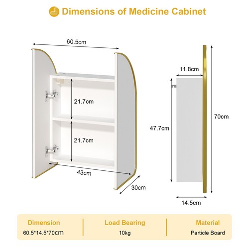 Bathroom Arched Mirror Cabinet Wall Mounted Modern Storage Unit 2 Door 23.6x27.6 - Picture 6 of 8
