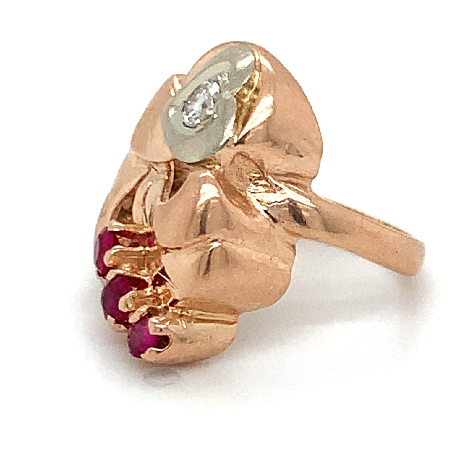 1940's 14k Rose Gold Ring Retro 4.3g Sz 2 Diamond… - image 2