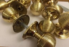 4X Pair Brass beehive Door Knobs Antique Vintage Style Mortice Reeded handle