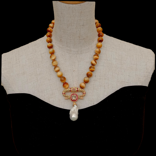 12mm Yellow Tiger Eye Necklace Cubic Zirconia Pave White Keshi Pearl Pendant 18" - Picture 3 of 5