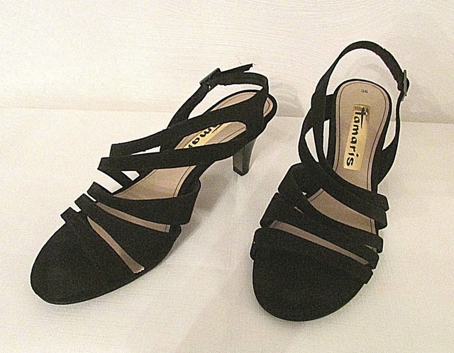 Tamaris Germany 1-28310-24-001 Black Suede Strappy Sandals Heel Shoes 38 EU 7 US | eBay