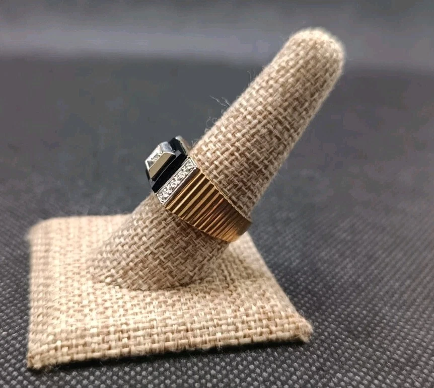 Anillo de luto victoriano antiguo de diamantes y ónix de oro de 10 k para hombre talla 9,25 probado Foto 2 de 4
