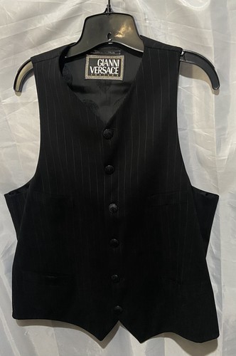 VNTG Gianni Versace Couture Mens Black Pinstripe Button Down Vest Size 52 Italy - Picture 18 of 20