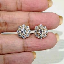 2 Ct Round Real Moissanite Cluster Flower Stud Earrings 14K Yellow Gold Plated