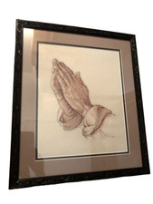 NICE Vtg Handstitched Needlepoint Prayer Hands Glass Covered Framed Evelyn Jones