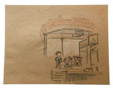 Original Coffee Shop Colored Drawing on Paper 11.75” x 9”