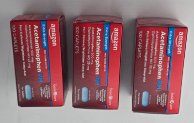 3 Amazon Basic Care Extra Strength Pain Relief, Acetaminophen 100 Count x3