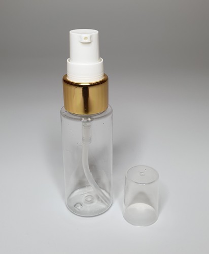 30ml PET Plastic Clear Cylindrical Bottle+Shiny Gold/White Serum Pump ANY AMOUNT - Picture 2 of 2