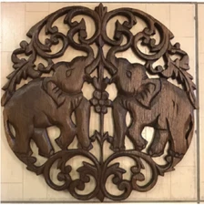 Carved Teak Panels Twin Elephants Round  Wall Panel Asian Plaque Art Home Decor
