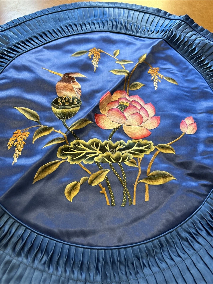 Embroidered Satin Pillow Covers Birds Flowers 19" Round Snap Close Royal Blue - Image 2 of 4