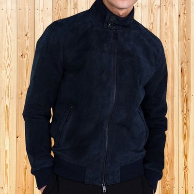 Men Blue Suede Leather Bomber Jacket Ribbed Zip Casual Biker Coat Stylish Moto