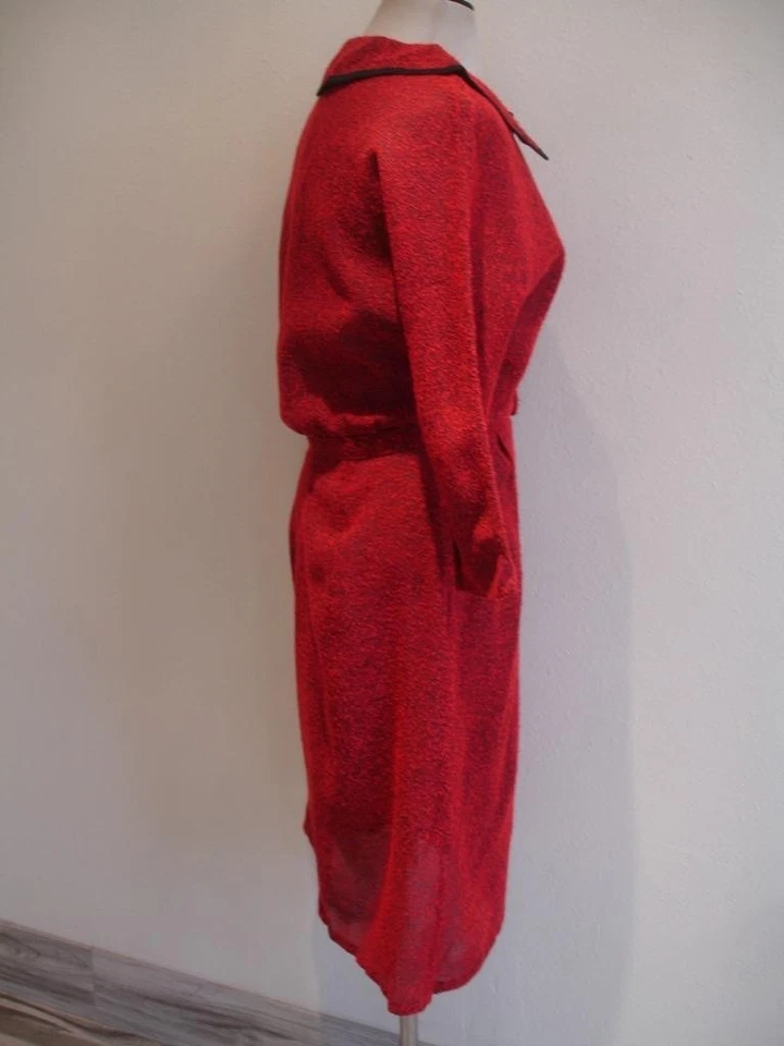 Женщин M винтажный 1920-х красный черный Nubby Tweed платье подпоясанный воротник на пуговицах оригинал - Изображение 3 из 4