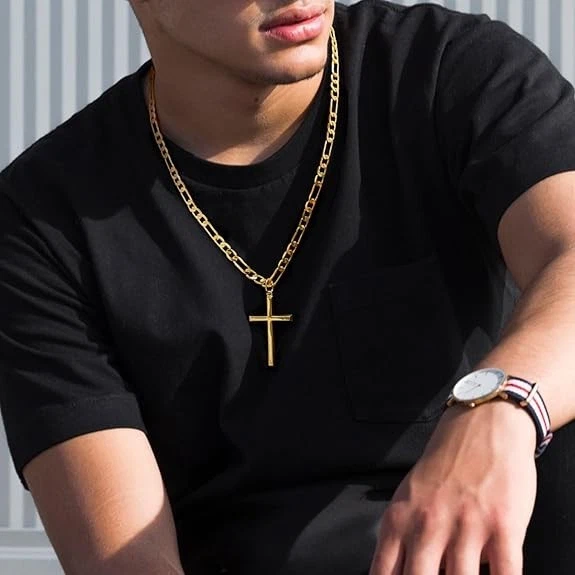 Collar Cruz Oro 14k para Hombre Grande Oro Cruz Colgante Cadena Figaro para Hombre... Foto 4 de 4