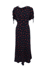 M&S Women's Dress Black Red Floral Ruched Sleeves Crew Neck Belted New