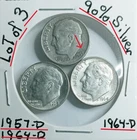 Lot Of 3 Roosevelt Dimes 90% Silver 1957-D - 2-1964-D VG Condition Look @ &Judge