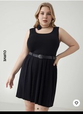 Cider Curve Black Knit Belted Pleated A-Line Sleeveless Dress 2XL