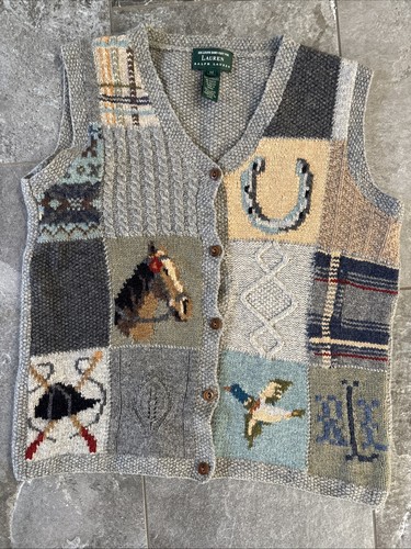 Ralph Lauren Patchwork Horseshoe Duck Hunting Sweater Vest Size M