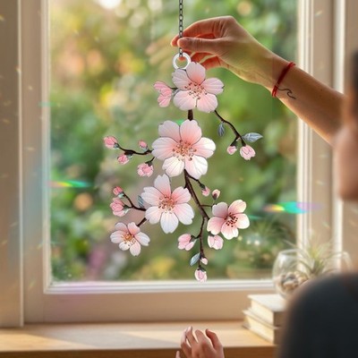 Cherry Blossom Branch Acrylic Suncatcher, 2D Flat Floral Window Hanging decor