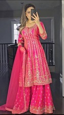Latest Designer Satin Silk Top Pink Palazzo With Dupatta For Function Wear